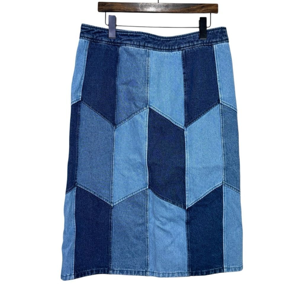 Sezane Alexane Patchwork Denim Midi Skirt Size 14 - Picture 5 of 9